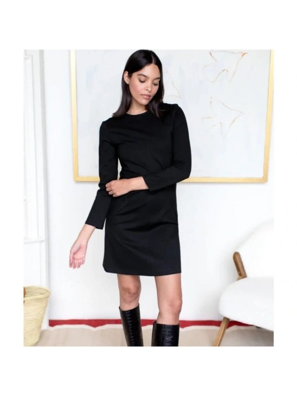 Emerson Fry Black Long Sleeve Mini Sheath Dress Pockets Size S LBD
